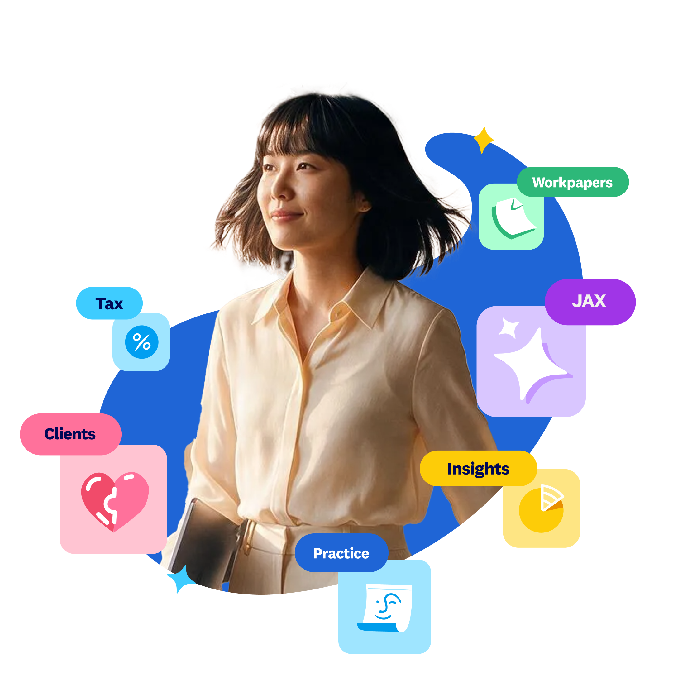 Xero for accountants — professional using Xero's Practice, Tax, Workpapers, Clients, Insights, and JAX features
